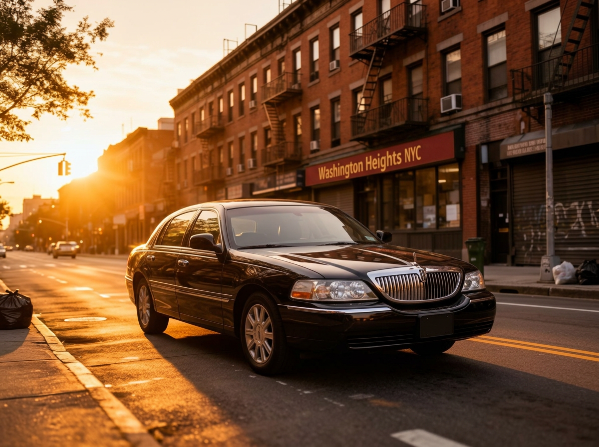 Audubon livery sedan on a Washington Heights street at sunset